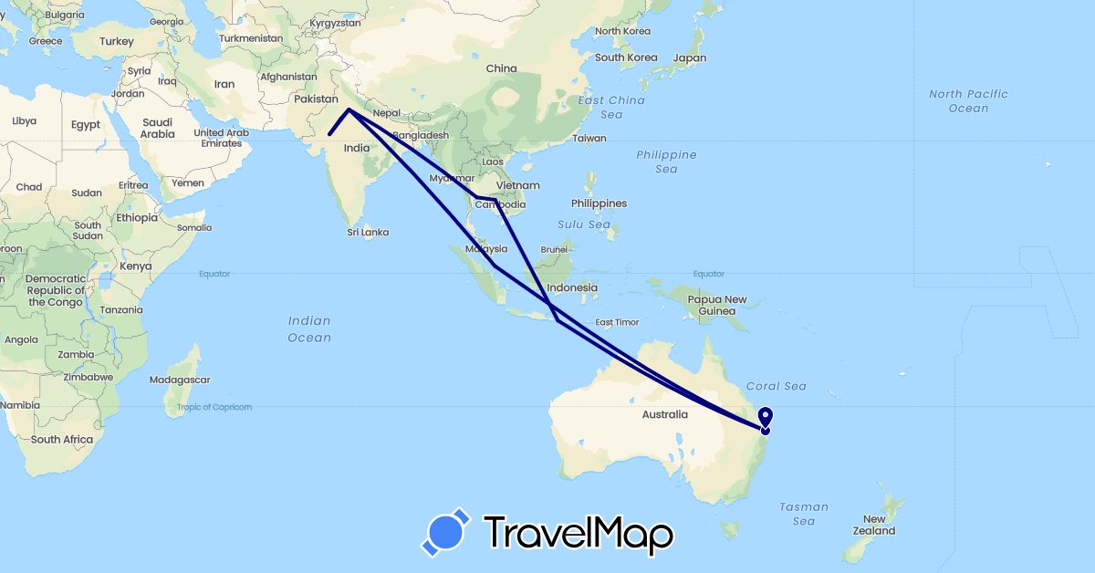 TravelMap itinerary: driving in Australia, Indonesia, India, Cambodia, Singapore, Thailand (Asia, Oceania)